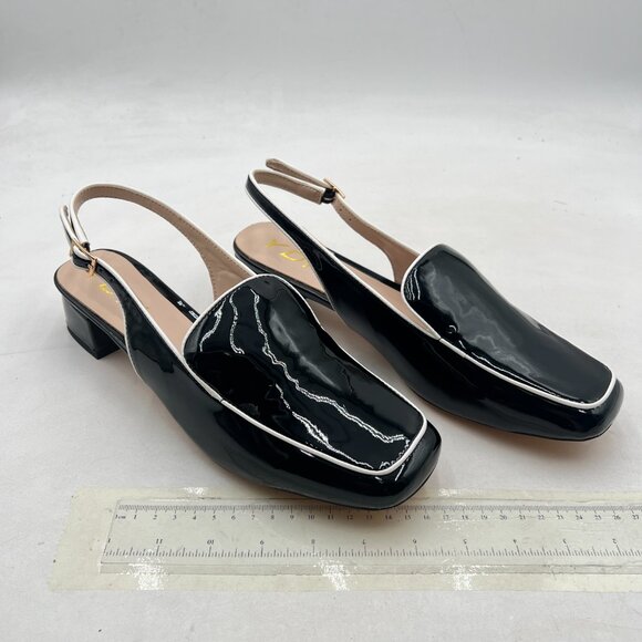 YDN Black Square Toe Block Low Heels Slingback Formal Loafer Dressy Office Pump - Picture 4 of 8